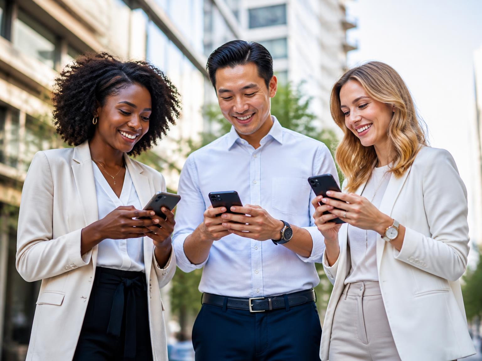 A Black, a Chinese and an American entrepreneur checking SMS campaigns on their phones